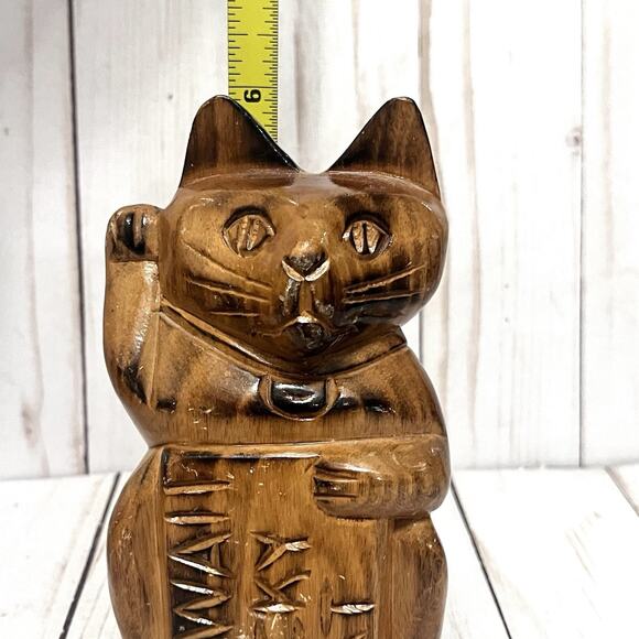 Hawaii Lucky Neko Cat Wood Carved 6" Figurine - Picture 6 of 8